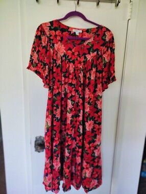 Vintage Go Softly Patio Red Floral Muumuu Dress Plus 1X 100% Rayon Kaftan